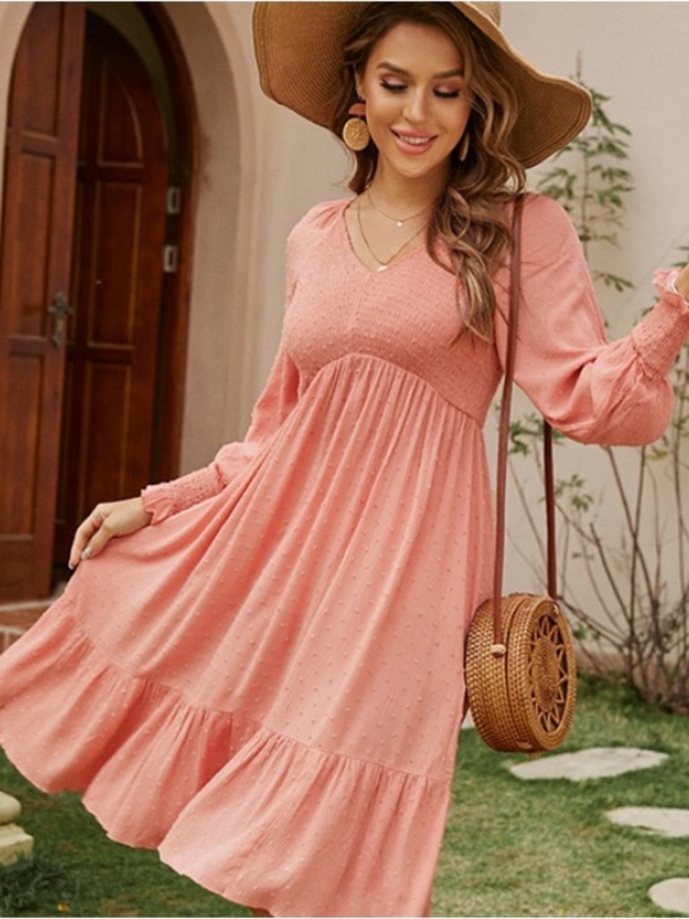 Simple Coral Pink V-Neck Smocked Babydoll Midi Dress